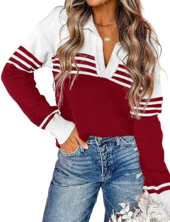 CiCiBird Women Fall V Neck Sweater Color Block Polo Long Sleeve Shirt Casual Loose Striped Pullov... | Amazon (US)
