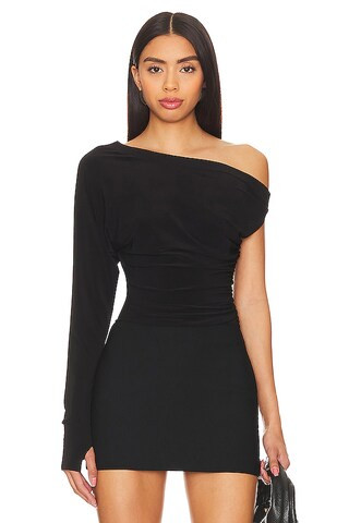 Norma Kamali One Sleeve Drop Shoulder Side Drape Top in Black from Revolve.com | Revolve Clothing (Global)