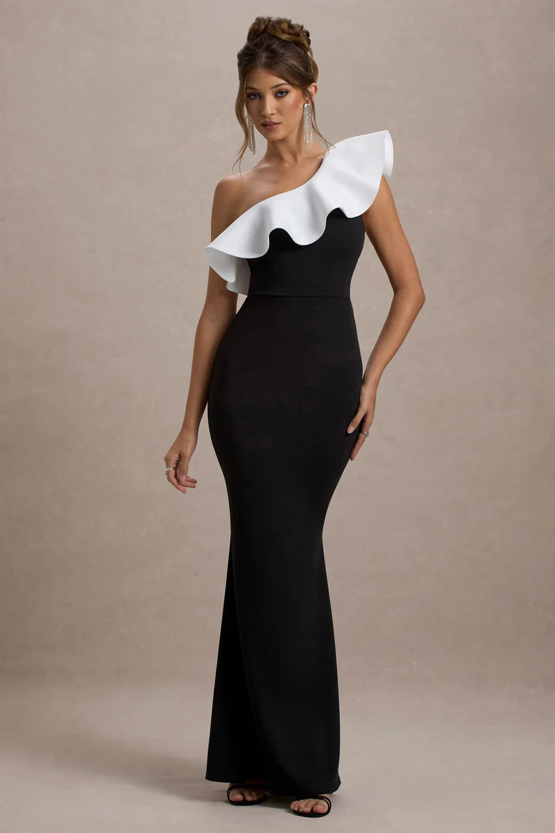 Berkley | Black & White Ruffled One-Shoulder Maxi Dress | Club L London