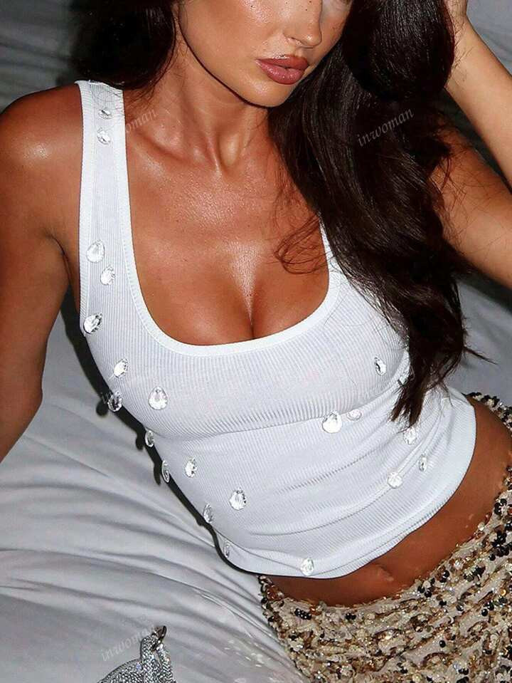 Summer Clothes Camisole Backless Solid Color Bodycon Street Water Drop Drill Tops U-Neck Sleeveless Y2K T-Shirts | SHEIN