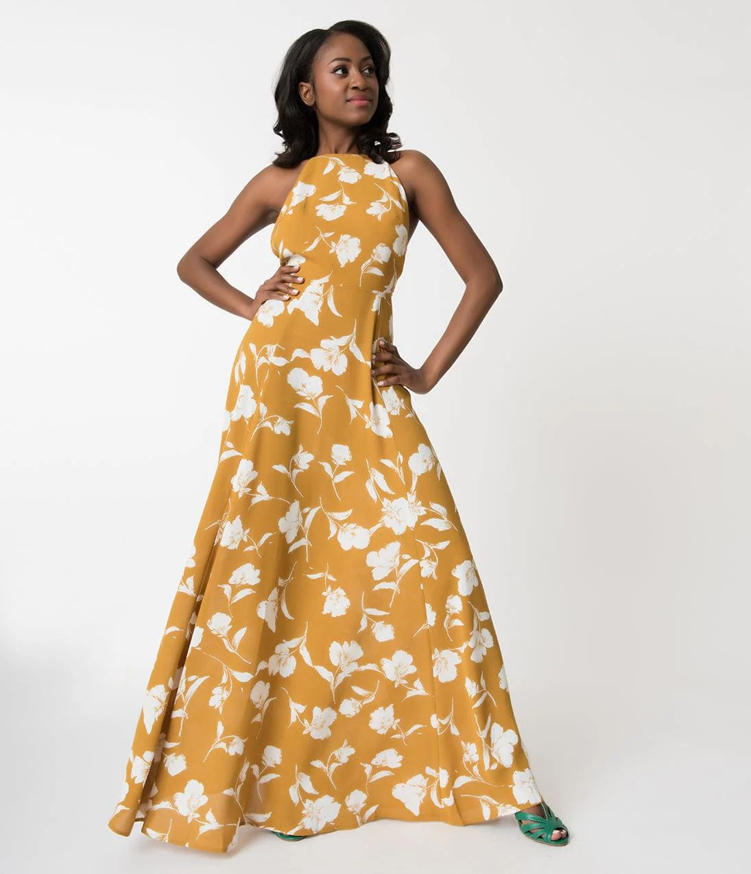 Mustard Yellow & White Floral Print Sleeveless Paloma Maxi Dress | UniqueVintage