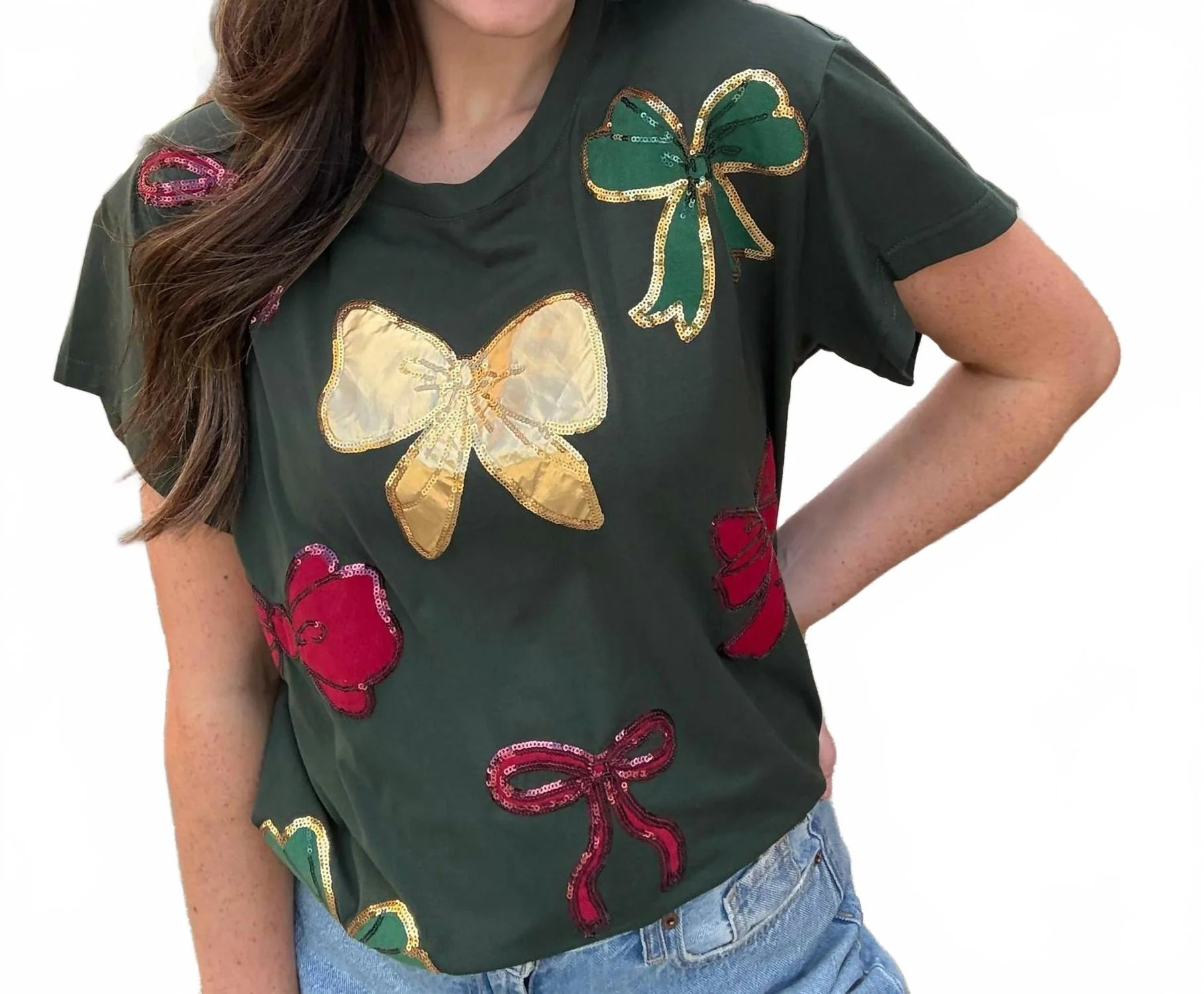 Women's Custom Holiday Bow Tee In Green | Shop Simon