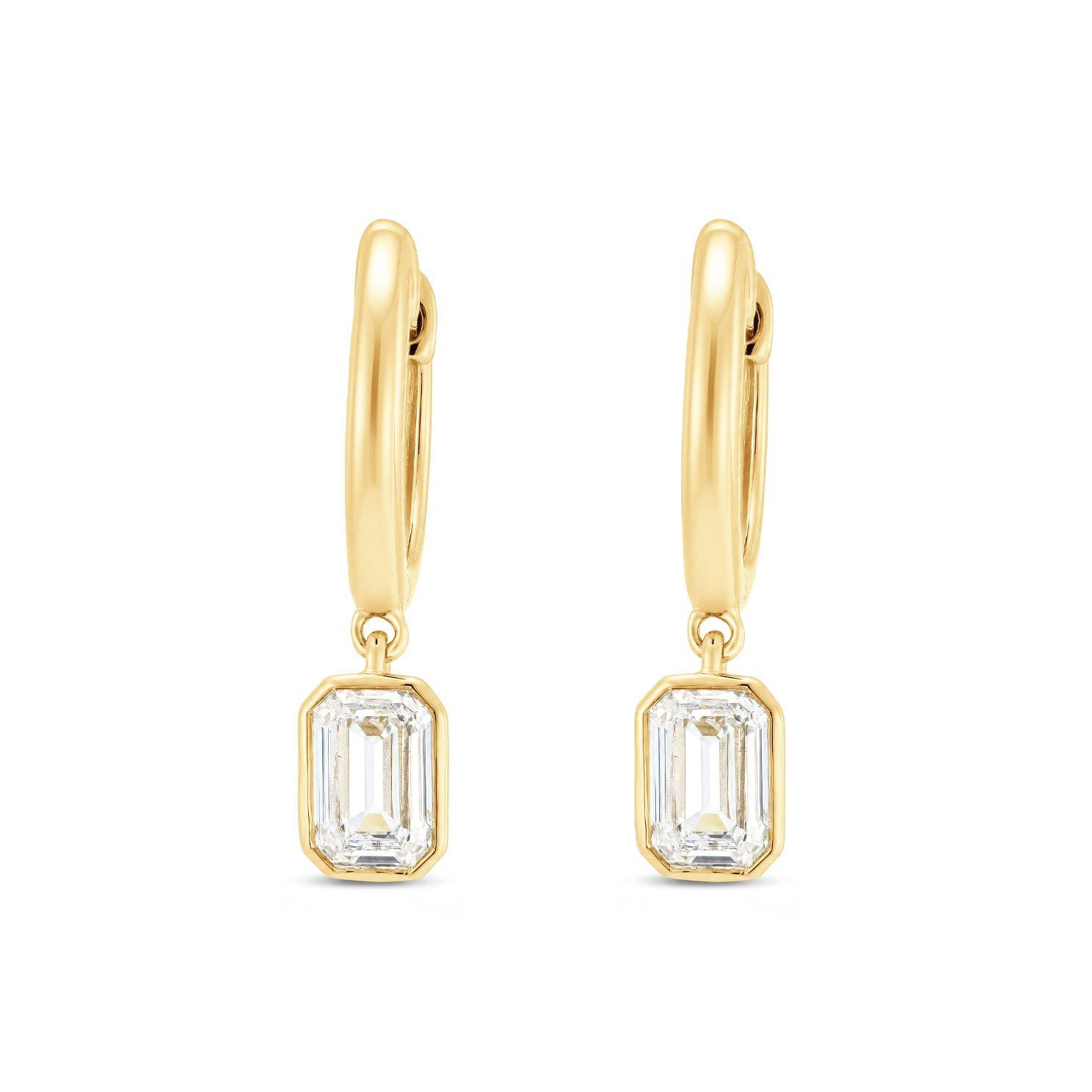 9ct Yellow Gold Emerald Cut Lab Grown Diamond Huggie Hoop Drop Earrings | Beaverbrooks