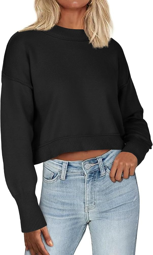 Zeagoo Womens 2024 Fall Crewneck Cropped Sweater Cozy Long Sleeve Ribbed Knit Pullover Dropped Sh... | Amazon (US)