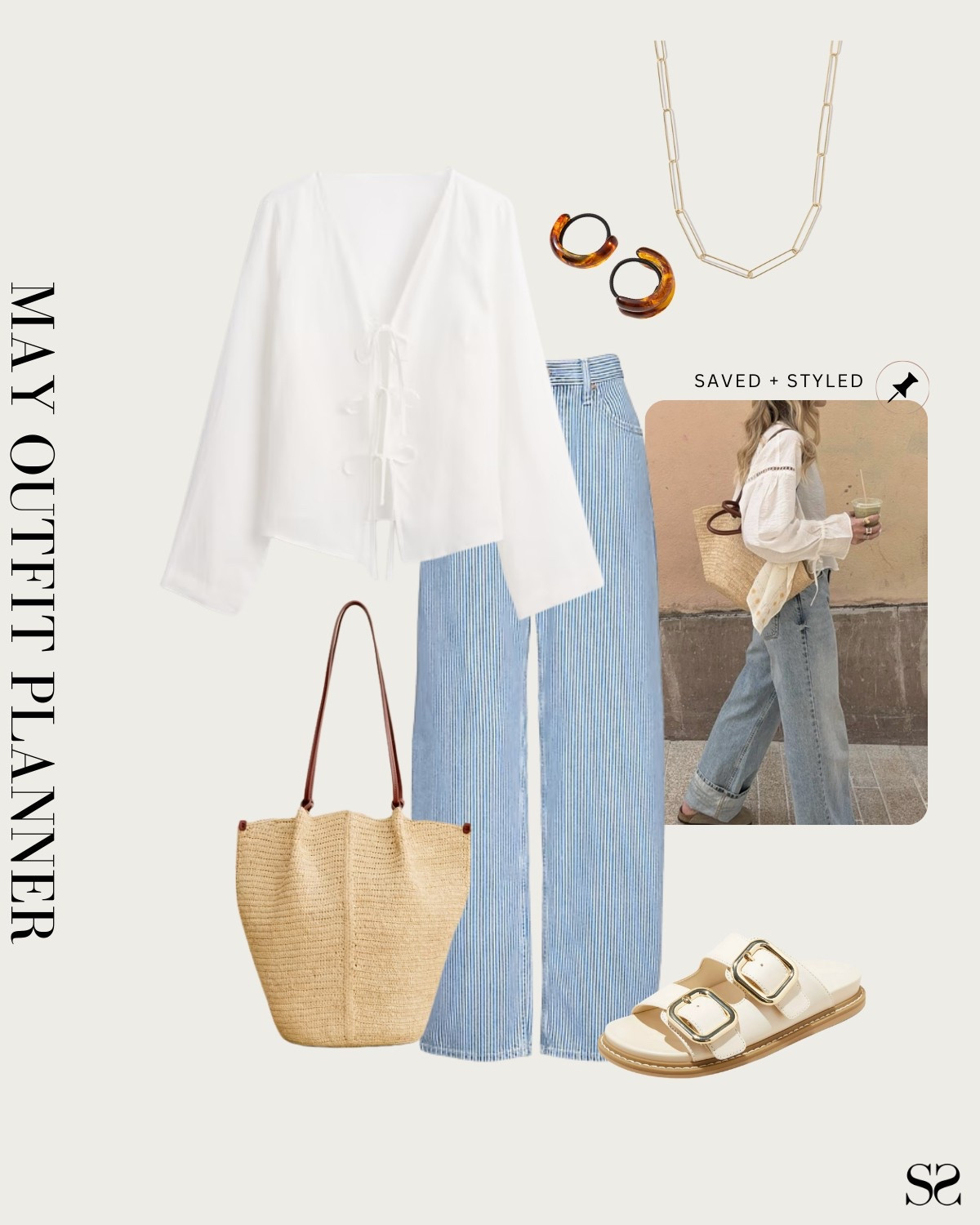 Monthly outfit planner MAY: Spring  looks, saved + styled outfit inspo | striped denim, tie front blouse, ivory sandals, straw tote 

#springoutfit #casualchic 

Image credit: Pinterest


#LTKStyleTip