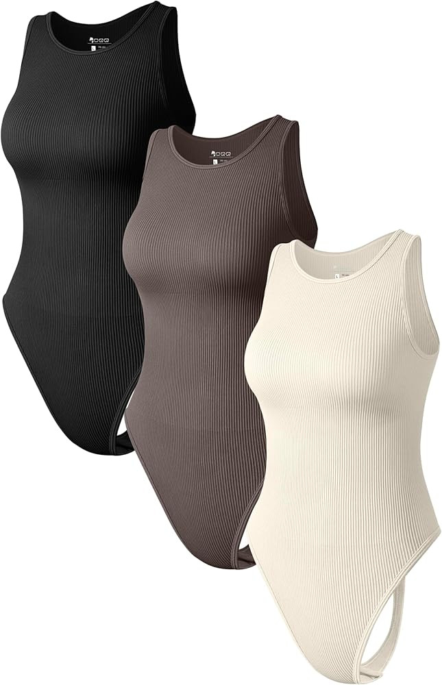 OQQ Women 3 Piece Bodysuits Sexy Ribbed Sleeveless Halter Neck Basic Thongs Bodysuits | Amazon (US)