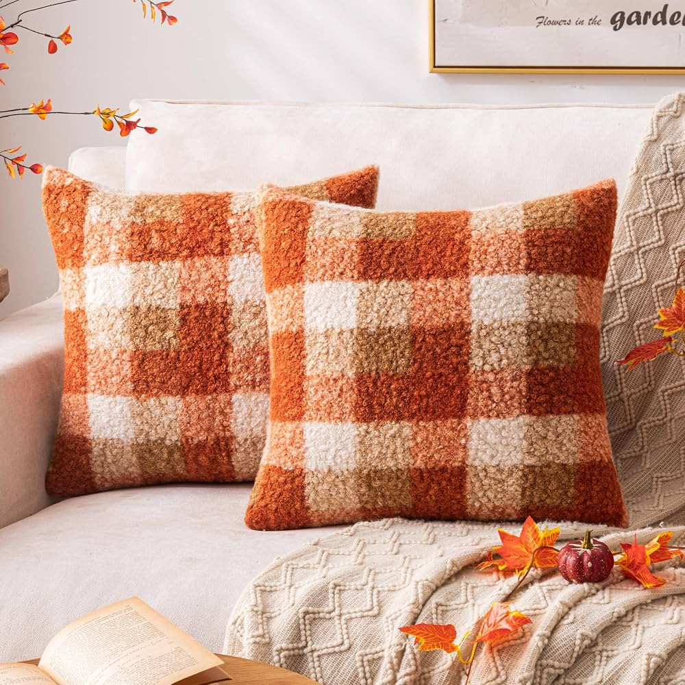 AQOTHES Orange Plaid Fall Throw Pillow Covers 18x18 Inch Set of 2, Boucle Decorative Pillow Cover... | Amazon (US)