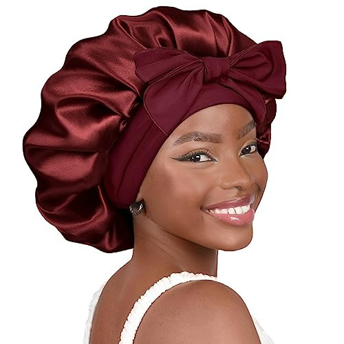YANIBEST Silk Bonnet for Sleeping Women Adjustable Double Layer Satin Bonnet Reduce Friction Prevent Frizz Natural Curly Hair, Bonnetband-Burgundy | Amazon (US)