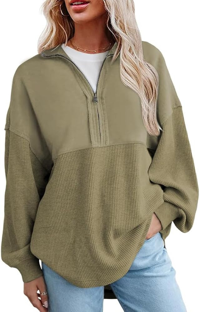 SHEWIN Womens Sweatshirt Casual Waffle Knit Half Zip Pullover Loose Long Sleeve Tops Fall Outfit ... | Amazon (US)