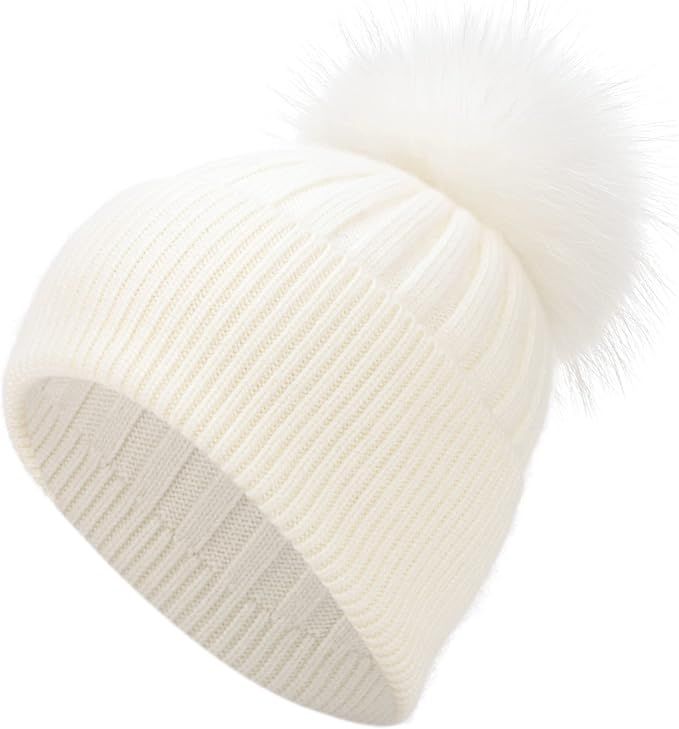Women Cashmere Winter Ribbed Cuffed Beanie Hat with Real Fur Pom Pom Beanie Skull Cap Ski Hat | Amazon (US)
