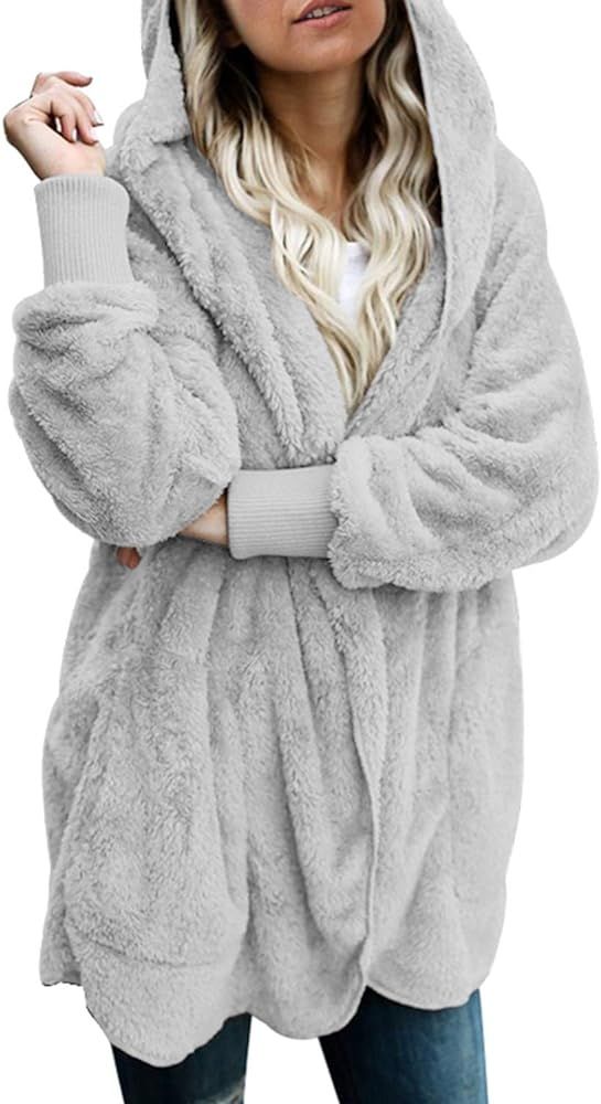 Dokotoo Womens 2023 Winter Long Sleeve Solid Fuzzy Fleece Open Front Hooded Cardigans Jacket Coat... | Amazon (US)
