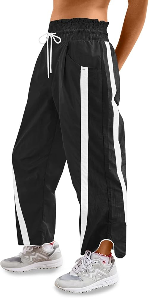 Fisoew Women's Baggy Wide Leg Pants Casual Drawstring Elastic Waisted Contrast Color Workout Y2K ... | Amazon (US)