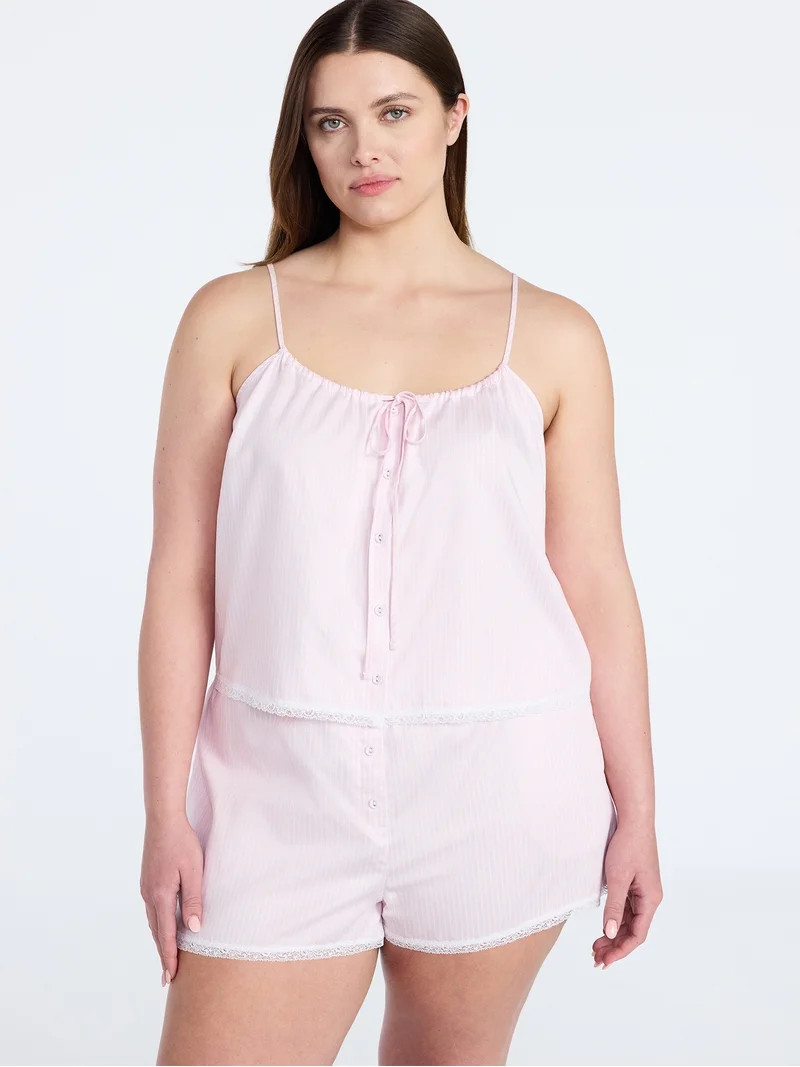 Joyspun Women's Poplin Cami and Shorts Sleep Set with Lace Trim, 2-Piece, Sizes XS-3X | Walmart (US)