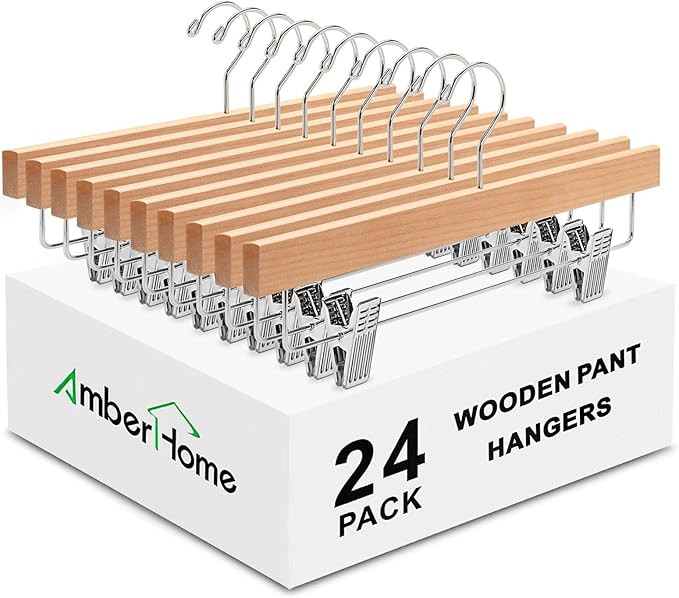 Amber Home 24 Pack Natural Wooden Pants Hangers with Clips, Wood Skirt Hangers Trouser Hangers fo... | Amazon (US)