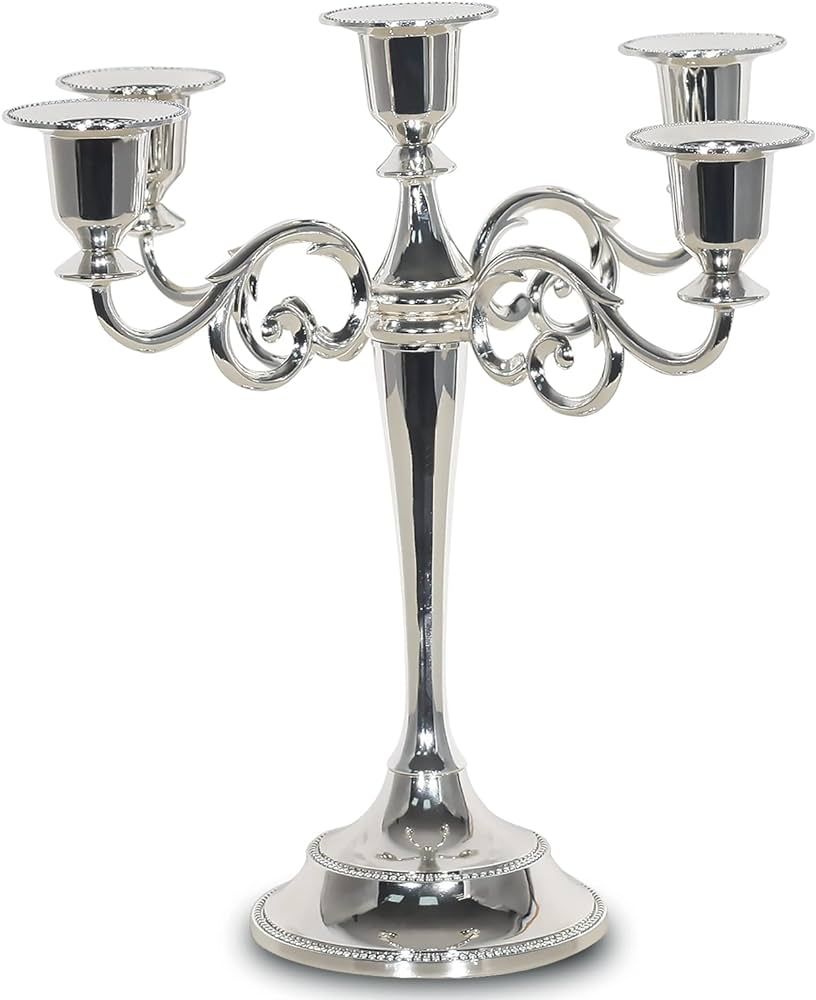 Silver 5-Candle Metal Candelabra - Candle Holder 10.6 inch Tall Candlestick Holders for Valentine... | Amazon (US)