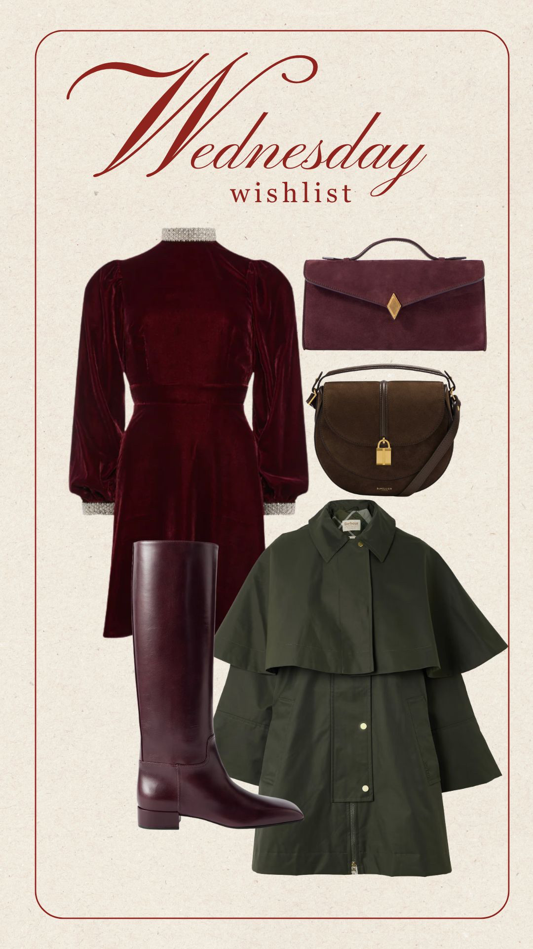 My Wednesday wishlist for my Winter wardrobe. Barbour cape coat and knee high boots. The perfect Christmas Day dress from Holland Cooper and luxury handbags. 

 #LTKuk #LTKwinter #LTKfestive