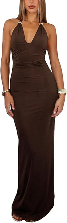 Ekaliy Women's Sexy Bodycon Maxi Dress Halter Neck Sleeveless Cocktail Party Wedding Guest Dress | Amazon (US)