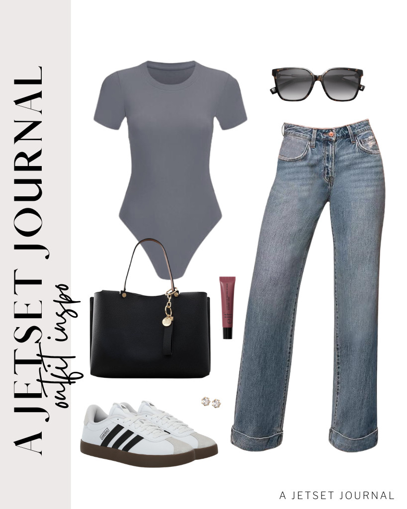 Let’s swap the white top for a gray bodysuit to take this exact outfit from day to night. Same favorite wide-leg jeans, but you will get a completely different vibe. Add these SOJOS sunnies and adidas VL Court sneakers to finish the look.

#LTKSeasonal #LTKSaleAlert #LTKTravel 

 