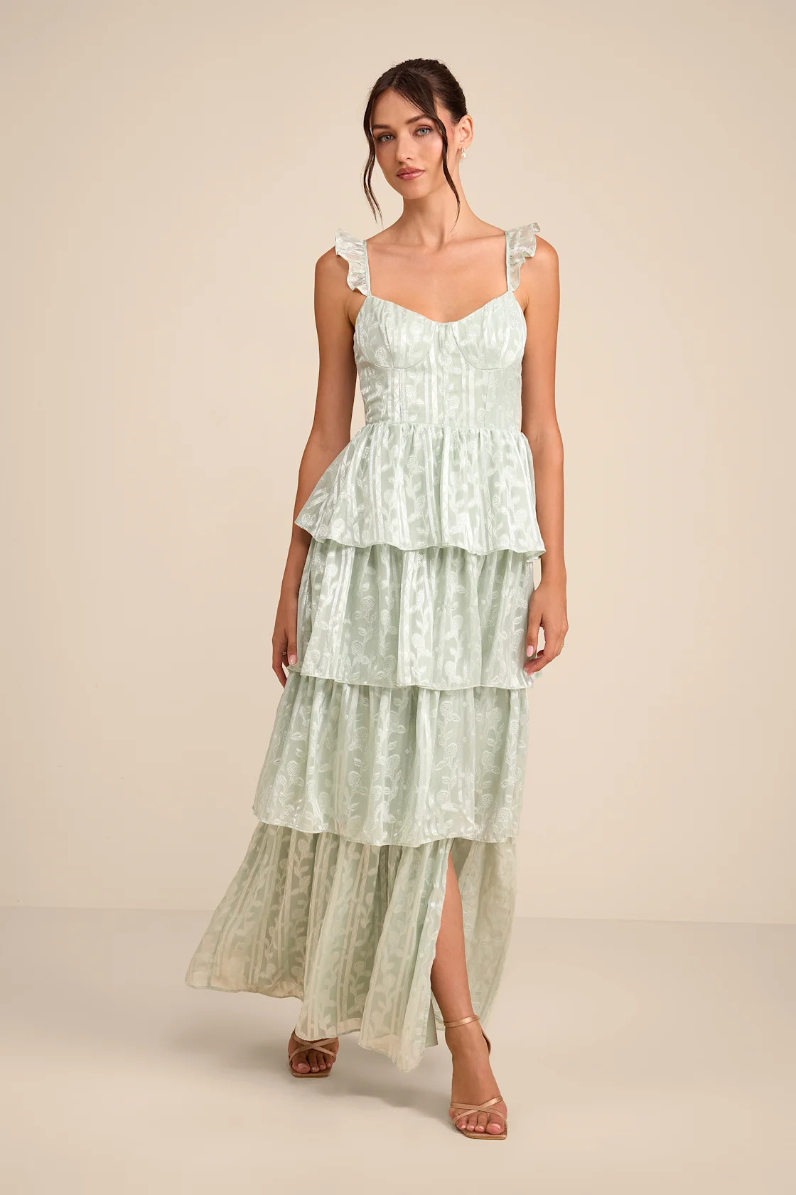 Stunning Glory Sage Green Floral Jacquard Tiered Maxi Dress | Lulus
