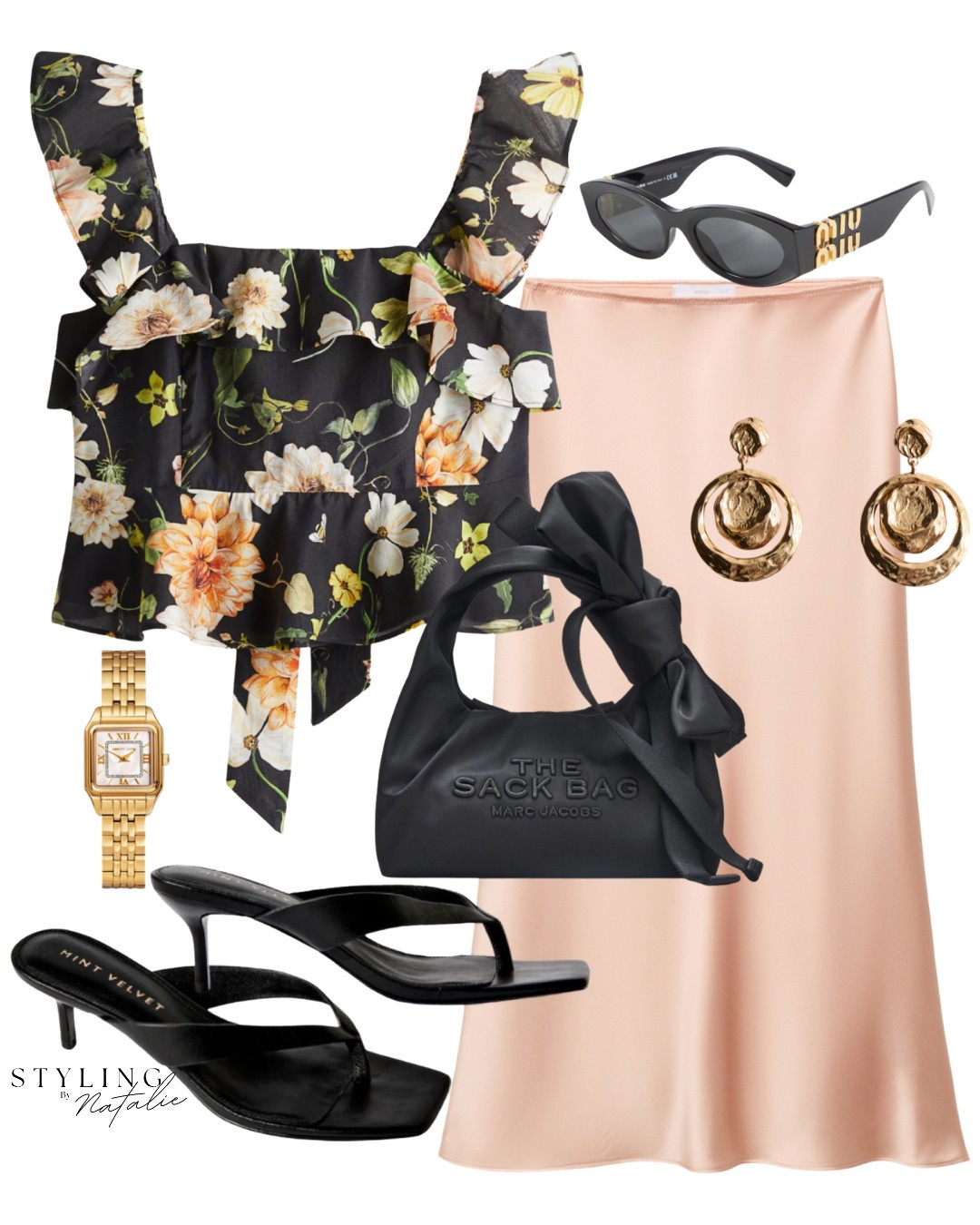 Summer date night outfit- floral peplum crop top, peach coloured satin midi skirt, black kitten heel thong sandals, gold jewellery, Marc Jacobs bow bag & Miu Miu sunglasses. 
Going out outfit, summer evening wear, vacation outfit 

#LTKstyletip #LTKsummer #LTKAroundTheWorld