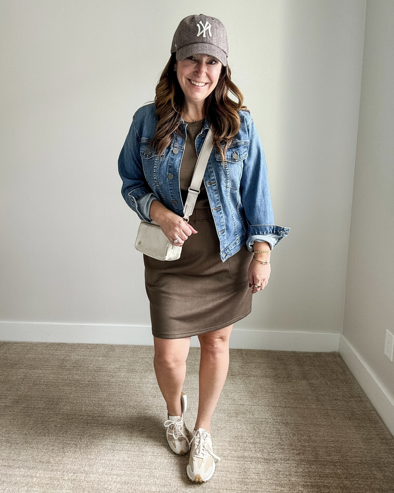 Everyday Casual Brown Knit Dress layered for fall with a jean jacket, sporty hat and bag and sneakers 

 #everydayathleisure #everydayoutfit #falloutfit 

#LTKActive #LTKOver40 #LTKMidsize