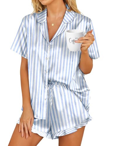 HOTOUCH Womens Silk Satin Pajamas Set Button Down Short Sleeve Sleepwear Set 2 Piece Ruffled Pjs Blue Striped, S | Amazon (US)