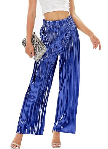 heipeiwa Women's Shiny Pleated Wide Leg Pants Party Nightout High Elastic Waist Trouser Outfit Clubwear Blue | Amazon (US)