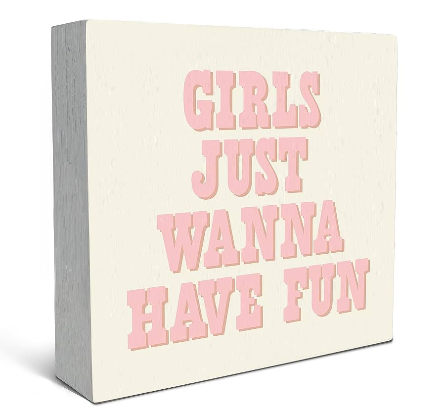 SRADMO Girls Just Wanna Have Fun Pink Wood Box Sign Desk Decor,Inspirational Preppy Wooden Block ... | Amazon (US)