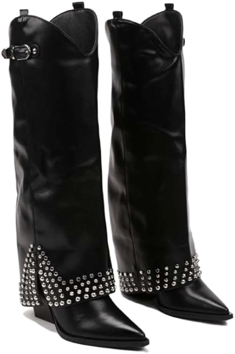 Women's Studded Knee High Boots Western Style Suede Leather Boots Pointed Toe Low Block Heel Fash... | Amazon (US)