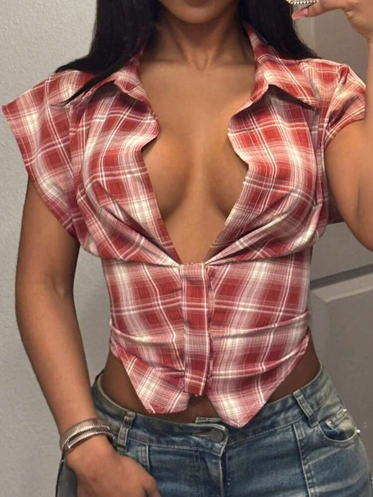 Slaydiva Daily Casual Wear Streetwear  Y2k Top Red Checkered  Top New Spring, Summer, Music Festi... | SHEIN