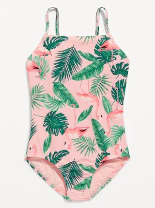 Printed Square-Neck Lattice-Back One-Piece Swimsuit for Girls | Old Navy (US)