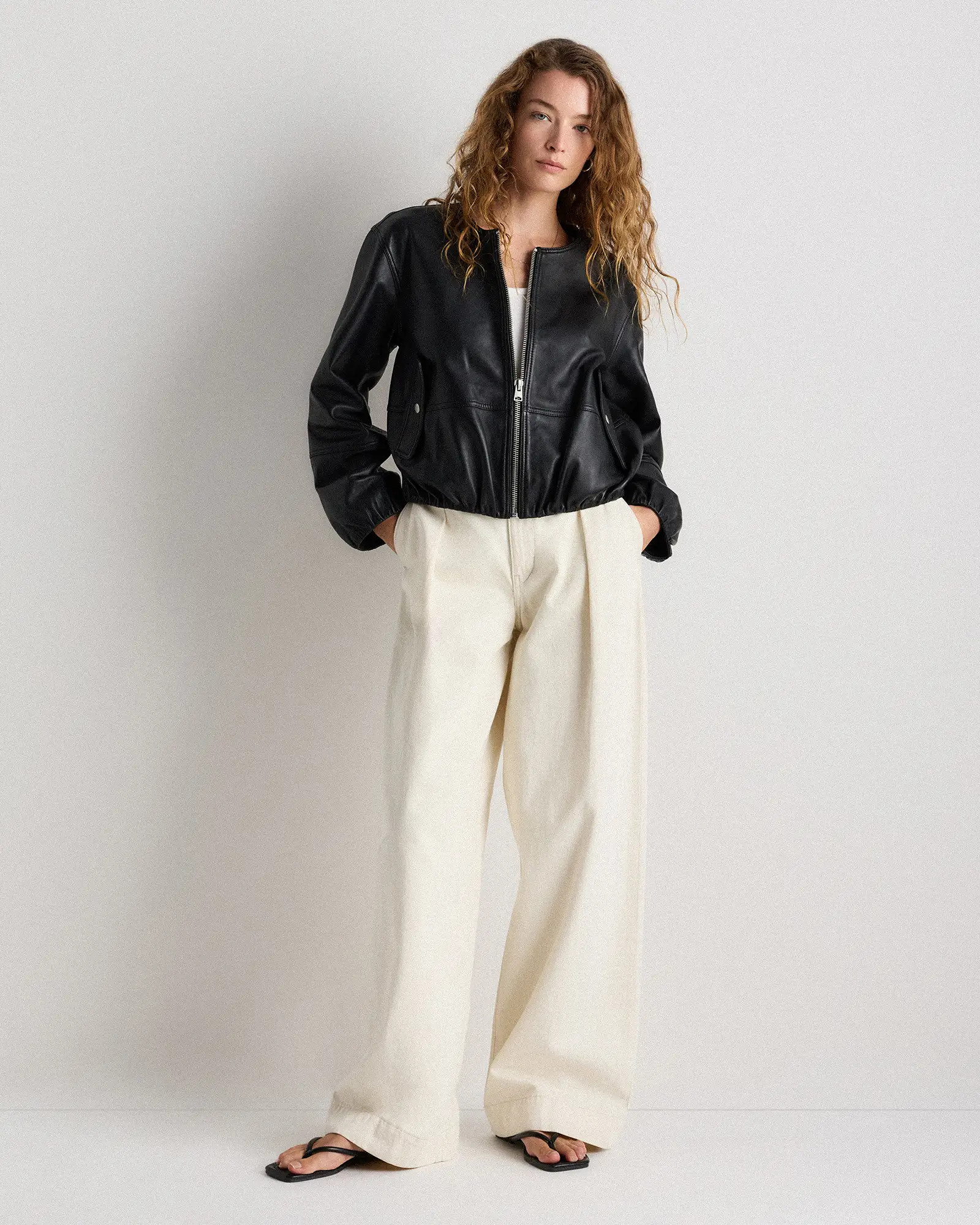 100% Leather Collarless Cropped Bubble Hem Jacket | Quince