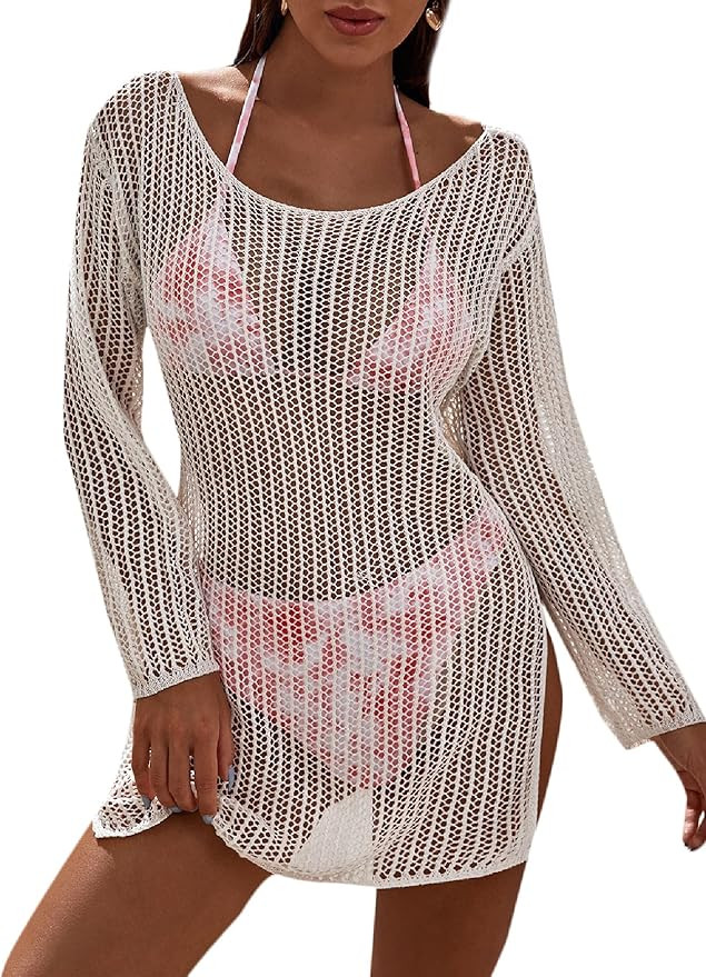 MakeMeChic Women's Crochet Cover Up Long Sleeve Knitted Beach Swimwear Cover Ups Dress | Amazon (US)