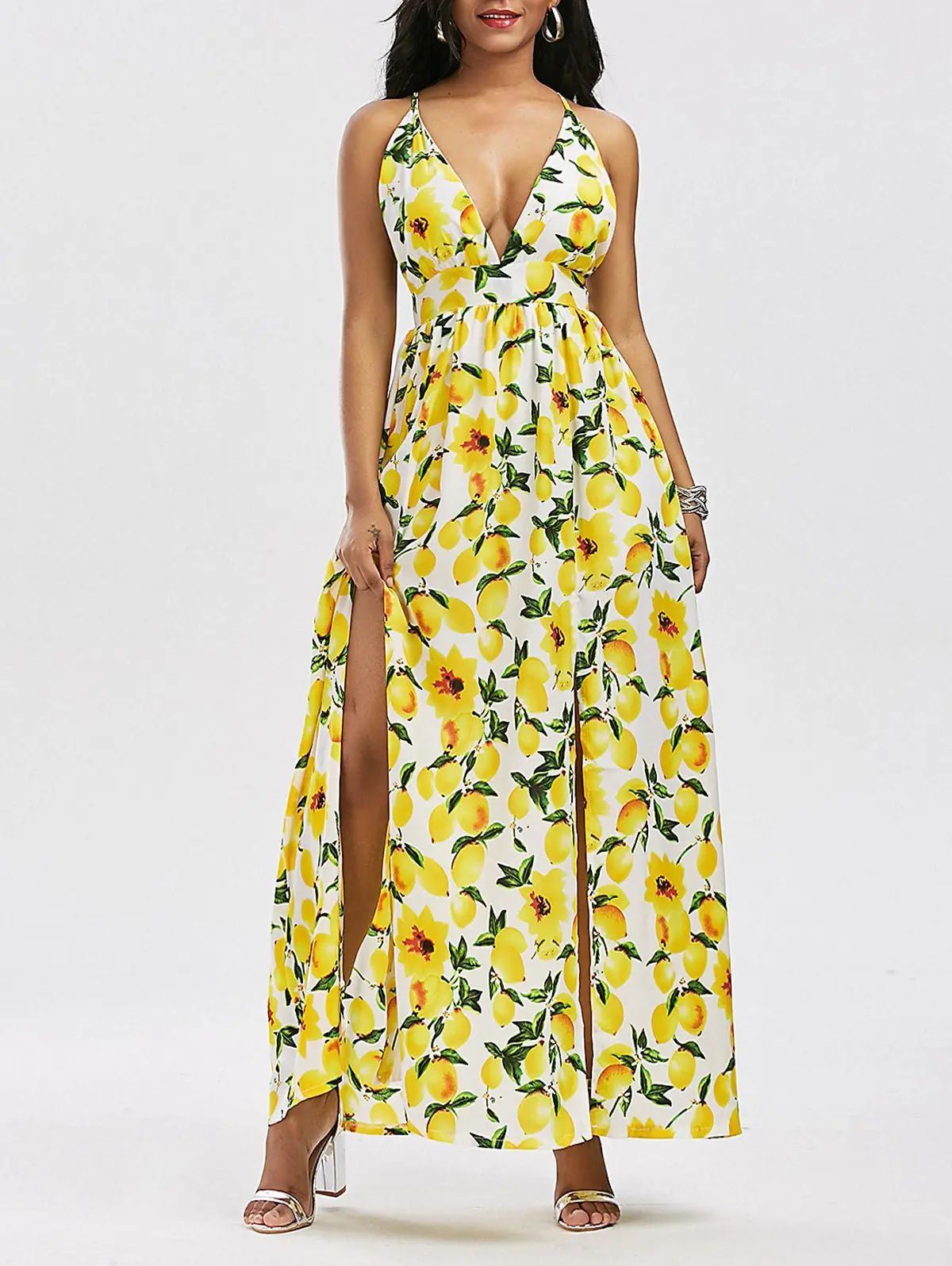 Lemon Print Backless Split Cami Maxi Dress | Rosegal US