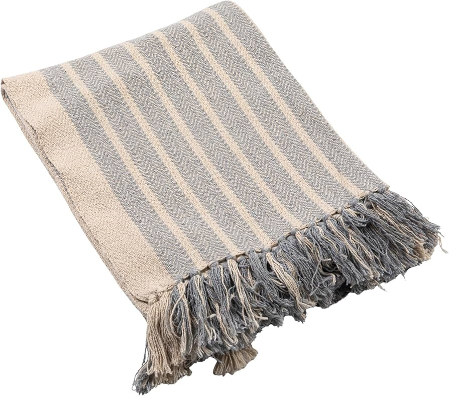 Creative Co-Op Woven Cotton Blend Throw with Stripes and Fringe, Blue and Natural | Amazon (US)