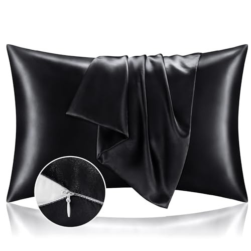 BEDELITE Satin Pillowcase with Zipper, Black Pillow Cases Queen Size Set of 2, Super Soft and Cooling Similar to Silk Pillow Cases, Gift for Women Men(20x30 Inches) | Amazon (US)