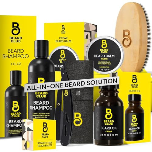 The Beard Club Beard Care Kit & Mens Grooming Kit - Essentials for a Healthier Looking, Stylish Facial Hair - Straight Edge Razor, Shampoo, Cedar Balm & Oil, and Boar Bristle Brush | Amazon (US)