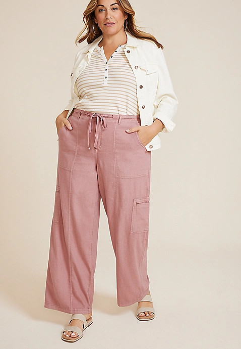 Plus Size Soft Linen High Rise Cargo Wide Leg Pant | Maurices