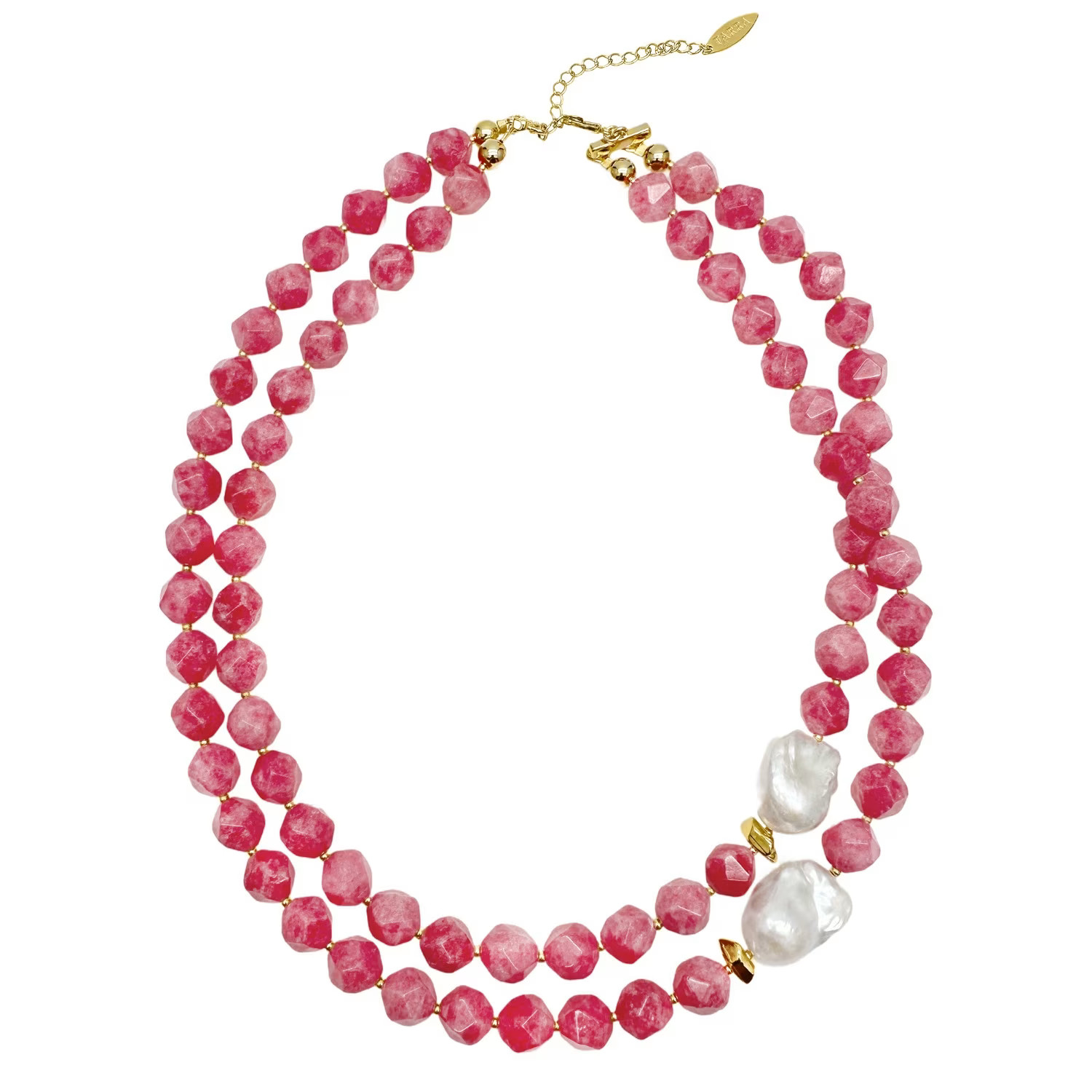 Pink Gemstone With Baroque Pearls Double Layers Necklace | Wolf & Badger