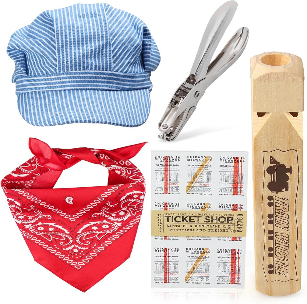 Yewong Train Conductor Costume Set Engineer Cap Wooden Train Whistle Paisley Bandanna for Hallowe... | Amazon (US)