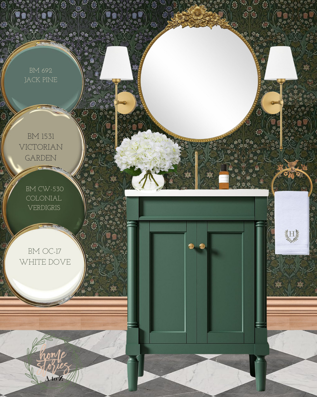 Moody cottagecore meets timeless Victorian charm in this AFFORDABLE luxe powder room design! 🌿 Featuring rich Benjamin Moore greens, Jack Pine, Victorian Garden, and Colonial Verdigris balanced with classic White Dove. The ornate gold mirror, antique-style sconces, and peel-and-stick botanical wallpaper set the tone for an elevated vintage look. Styled with a peel-and-stick marble checkerboard floor, warm wood trim, and a deep green vanity for a bold yet elegant finish. Tap to shop the paint colors, vanity, lighting, towel ring, mirror, and more from this curated space.

Style Aesthetic:
cottagecore | Victorian revival | dark floral wallpaper | vintage powder room | modern traditional | moody glam | maximalist

Hashtags:
#CottagecoreBathroom #PowderRoom #MoodyInteriors #DarkFloralWallpaper #VintageBathroomVibes #BenjaminMoorePaint #CottageStyleDecor #MaximalistStyle #MoodyCottagecore #BathroomVanity 

 

#LTKHome