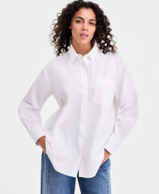 On 34th Women's Cotton Poplin Oversized Button Down Shirt , Macy's Exclusive - Intrepid Blue Combo | Macy's
