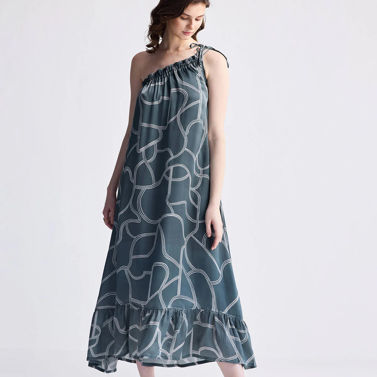 One Shoulder Midi Dress in Abstract Stripes | Reistor