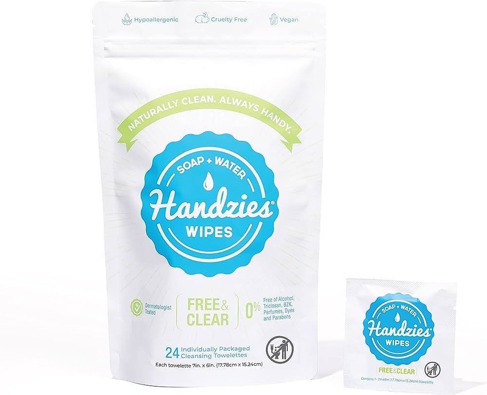Handzies Natural Soap and Water Hand Wipes, Hypoallergenic, Free and Clear, Individually Packaged... | Amazon (US)