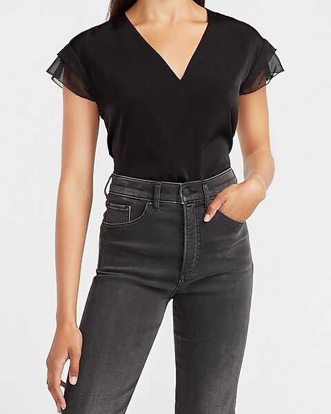 Satin V-Neck Flutter Sleeve Top | Express