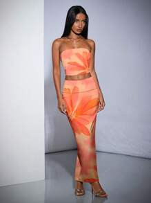 SHEIN BAE Ladies' Floral Printed Crop Top And Skirt Set For Summer Holiday,Ladies Sexy Asymmetric... | SHEIN