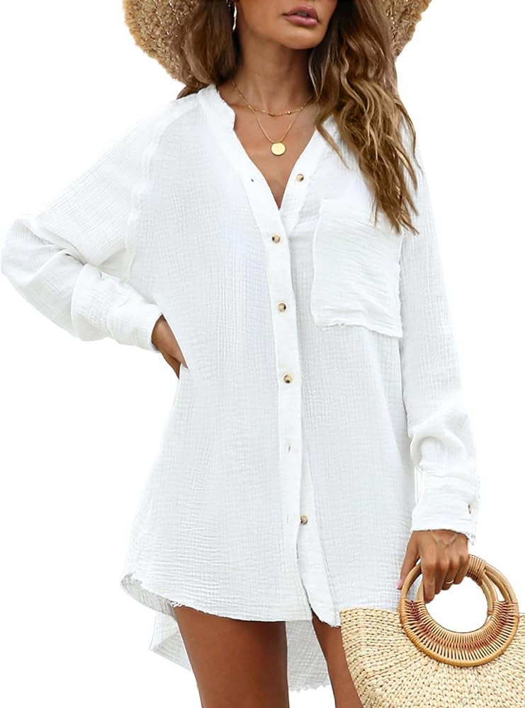 Women's Swimsuit Coverups Button Down Shirts for Women Bathing Suit Bikini Beach Cover Ups for Wo... | Amazon (US)