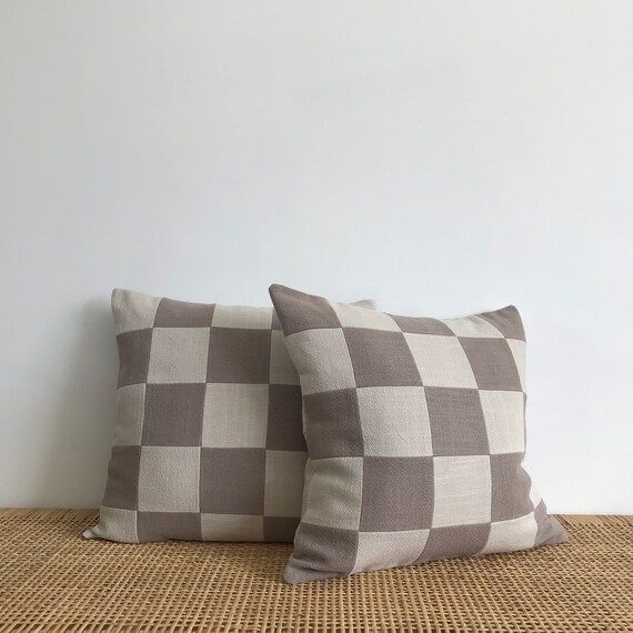 Checkerboard Cushion Cover Stone & Taupe Stonewashed Linen | Etsy | Etsy (US)