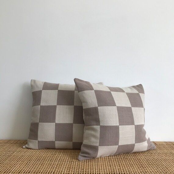 Checkerboard Cushion Cover Stone & Taupe Stonewashed Linen - Etsy | Etsy (US)