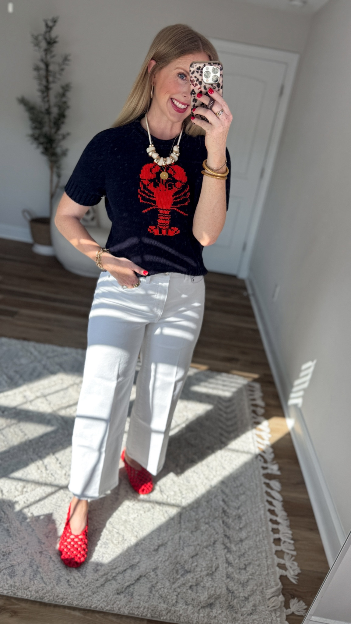 Weekend Walmart Wins try-on
Lobster short sleeve sweater- small
White cropped jeans- run a little small!
Red woven flats- tts 

#LTKmomlife #LTKootd